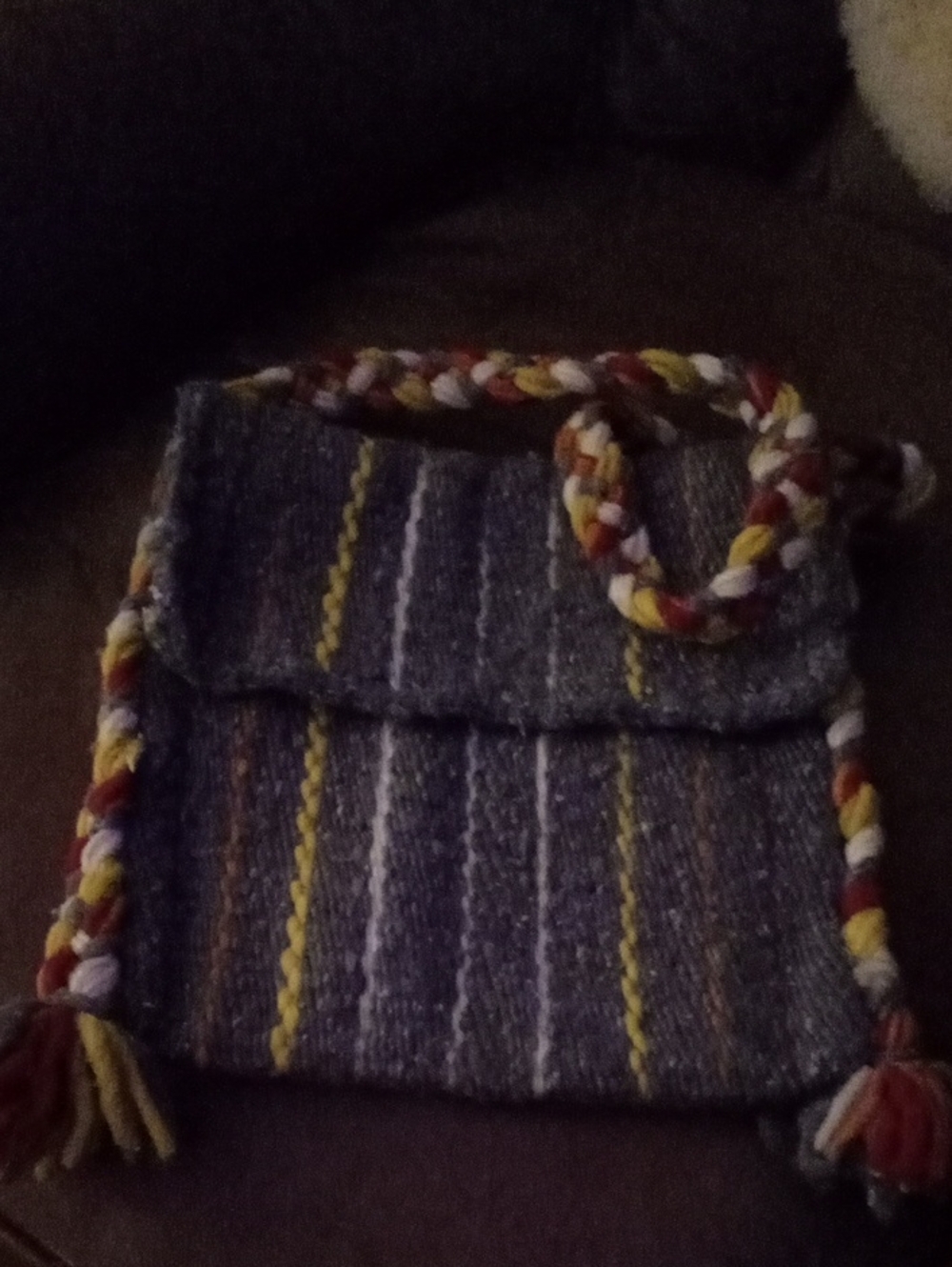 Vintage 70s Boho Hand Woven Wool Crossbody Bag - Gray Striped